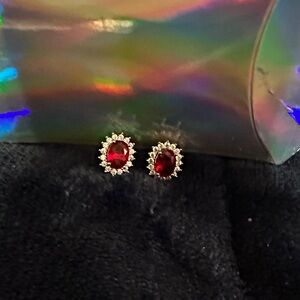 Radiant Red Cubic Zirconia and Silver Halo Earrings NWOT